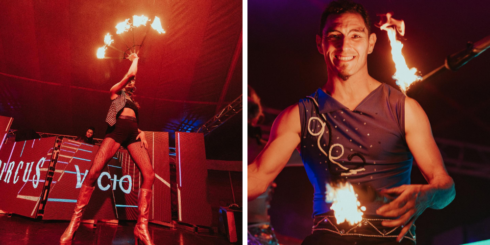 Una mujer y un hombre sonriendo haciendo malabares con fuego