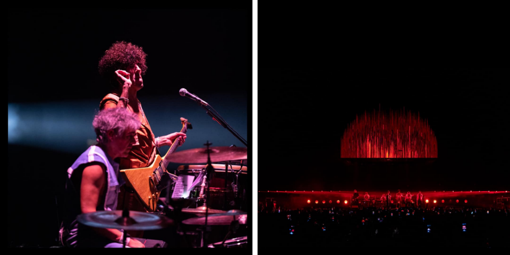 Miembros de Babasónicos tocando en vivo junto a una impactante puesta en escena roja durante su concierto