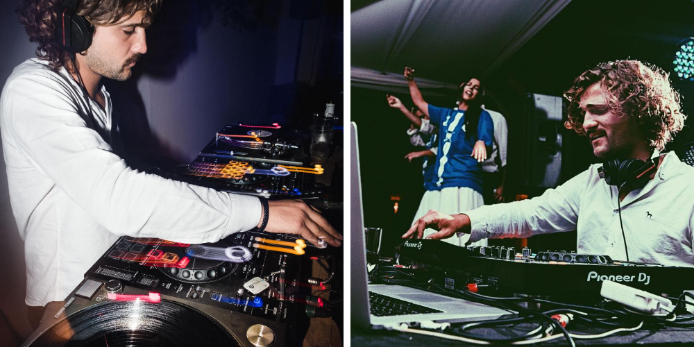 DJ Mateo Milburn animando la noche con su música, luciendo una camisa blanca en un set en vivo, en una imagen doble que captura la energía de su set